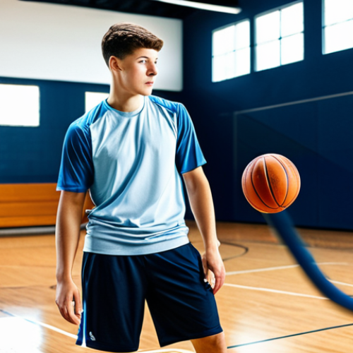 Home 11 A focused young male basketball player, approximately 15 years old, in professional, modest athletic sportswear, including a t-shirt and shorts, standing on a polished wooden court in a modern, brightly lit basketball academy gym. A male coach, fully clothed in professional athletic attire, is attentively showing data on a tablet, demonstrating a personalized training insight. The scene emphasizes a scientific approach to sports training and individualized development. Perfect anatomy, correct proportions, natural pose, well-formed hands, proper finger count, natural body proportions. Professional photography, high quality, realistic. Safe for work, appropriate content, fully clothed, family-friendly.