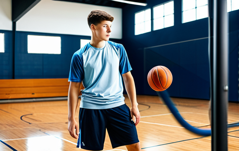 A focused young male basketball player, approximately 15 years old, in professional, modest athletic sportswear, including a t-shirt and shorts, standing on a polished wooden court in a modern, brightly lit basketball academy gym. A male coach, fully clothed in professional athletic attire, is attentively showing data on a tablet, demonstrating a personalized training insight. The scene emphasizes a scientific approach to sports training and individualized development. Perfect anatomy, correct proportions, natural pose, well-formed hands, proper finger count, natural body proportions. Professional photography, high quality, realistic. Safe for work, appropriate content, fully clothed, family-friendly.