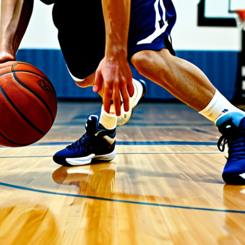 Home 6 Dribbling Skills**
A basketball player in full athletic gear intensely focused on dribbling a basketball. They are practicing crossover moves on an indoor basketball court with polished wooden floors. Action shot, dynamic pose, high contrast lighting. Focus on the ball and the player's hands. Background slightly blurred. Skillful ball-handling, athletic prowess, determination.
**