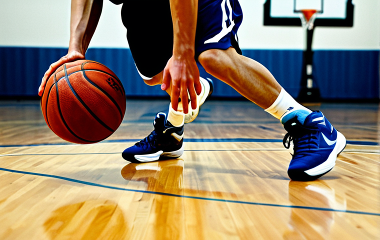 Dribbling Skills**

A basketball player in full athletic gear intensely focused on dribbling a basketball. They are practicing crossover moves on an indoor basketball court with polished wooden floors. Action shot, dynamic pose, high contrast lighting. Focus on the ball and the player's hands. Background slightly blurred. Skillful ball-handling, athletic prowess, determination.

**