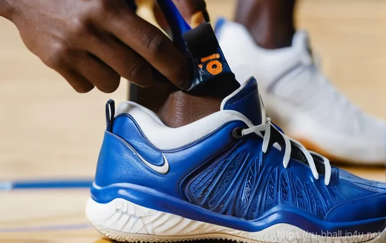 농구 용품 관리 요령 - A close-up of a person's hands meticulously cleaning a pair of modern basketball sneakers (e.g., whi...
