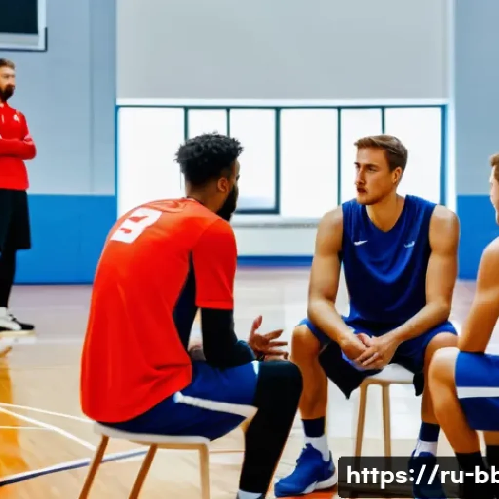 농구팀 운영 방법 - A dynamic basketball team meeting scene inside a modern Russian sports facility, featuring diverse m...