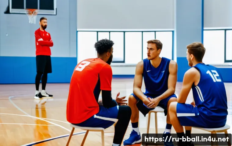농구팀 운영 방법 - A dynamic basketball team meeting scene inside a modern Russian sports facility, featuring diverse m...