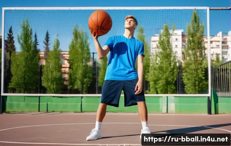 농구 슈팅 폼 개선 방법 - A detailed scene of a young male basketball player practicing his shooting stance on an outdoor urba...