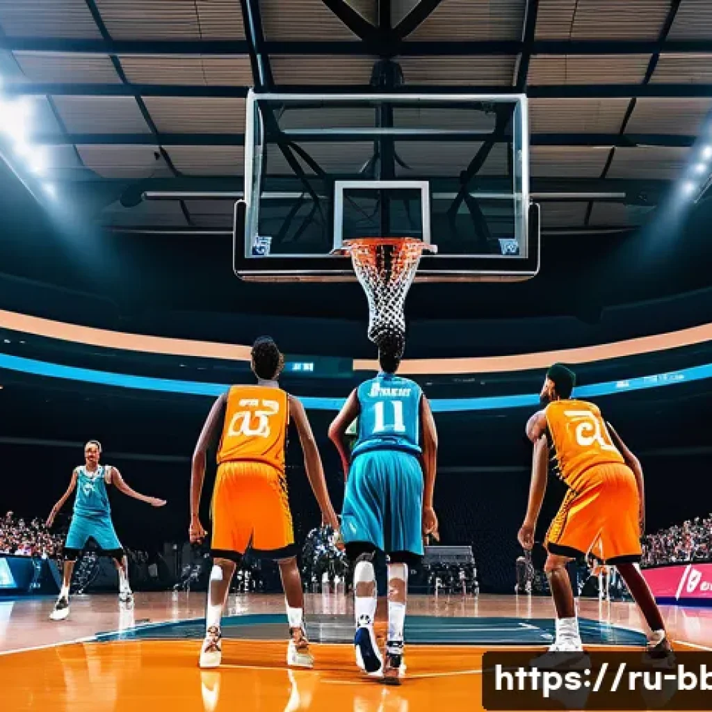 농구와 다른 스포츠 비교 - A high-energy basketball game scene inside a modern indoor arena with close-packed stands full of ex...