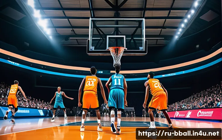 농구와 다른 스포츠 비교 - A high-energy basketball game scene inside a modern indoor arena with close-packed stands full of ex...