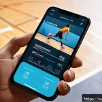 Home 22 농구 훈련 앱 추천 - A modern basketball training app interface displayed on a sleek smartphone screen held by a young ad...