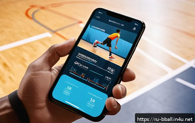 농구 훈련 앱 추천 - A modern basketball training app interface displayed on a sleek smartphone screen held by a young ad...