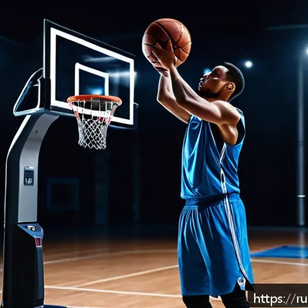 농구 리바운드 훈련 장비 추천 - A high-tech basketball training scene showing a male athlete in sportswear using an automatic ball r...