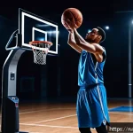 Home 21 농구 리바운드 훈련 장비 추천 - A high-tech basketball training scene showing a male athlete in sportswear using an automatic ball r...