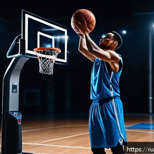 Home 33 농구 리바운드 훈련 장비 추천 - A high-tech basketball training scene showing a male athlete in sportswear using an automatic ball r...