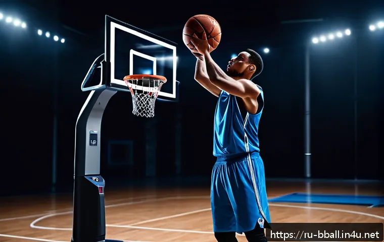 농구 리바운드 훈련 장비 추천 - A high-tech basketball training scene showing a male athlete in sportswear using an automatic ball r...