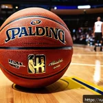 Home 20 농구공 가격 비교 - A detailed close-up of a professional composite basketball branded "Spalding," placed on an indoor b...
