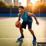 Home 19 농구 관련 도서 추천 - A dynamic basketball training scene focused on dribbling techniques: a young male player wearing ath...