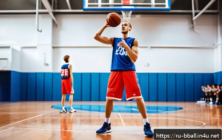 농구 유튜브 채널 운영 팁 - A dynamic basketball training session scene set in a modern Russian gymnasium, featuring a young mal...