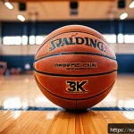 Home 23 농구공 메이커별 특징 - A professional indoor basketball court scene featuring a high-quality leather basketball prominently...