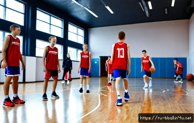 농구 훈련 캠프 추천 - Photorealistic youth basketball training camp in a modern indoor sports hall in Russia, diverse teen...